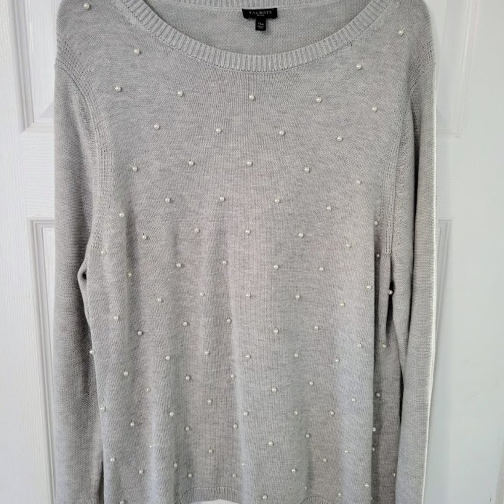 Talbotsโ gray cotton blend sweater with pearly embellishment XLP